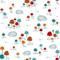 Herbst nahtloses Vektormuster mit Pilzen und Igeln, handgezeichnet im Doodle-Stil vektor