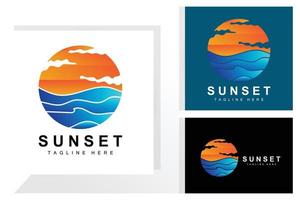 sonnenuntergang strand logo design, meerblick illustration, roter tag urlaubsort vektor