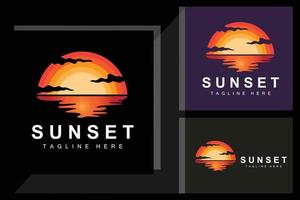 sonnenuntergang strand logo design, meerblick illustration, roter tag urlaubsort vektor