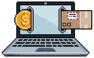 Pixelkunst-Laptop mit Münze und Paket. Paket online kaufen, Vektorsymbol für 8-Bit-Spiel auf weißem Hintergrund vektor