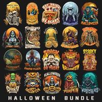 läskigt halloween t skjorta mönster bunt. uppsättning av halloween illustrationer konstverk. skrämmande halloween monster och spöke vektor