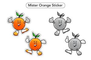 Herr orangefarbener Aufkleber. orangefarbener Maskottchen-Vektor. Orangenfrucht bunte ClipArt. Schwarz-Weiß-Maskottchen. vektor