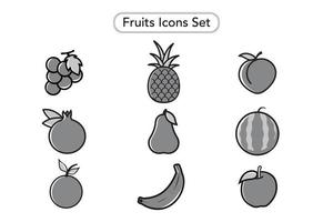 Obst-Icons gesetzt. Obst-Clip-Arts-Sammlung. Traube, Granatapfel, Pfirsich, Ananas, Birne, Wassermelone, Apfel, Orange und Banane. Obst-Aufkleber-Set. Schwarz-Weiß-Vektoren vektor