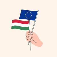 karikaturhand, die europäische union und ungarische flaggen hält. Beziehungen zwischen der EU und Ungarn. Konzept der Diplomatie, Politik und demokratischen Verhandlungen. flaches Design isolierter Vektor