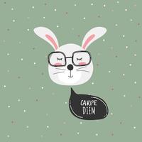 Süßer Hase. Cartoon-Tier. weißer lustiger hase mit brille handgezeichnet mit der aufschrift carpe diem. Vektor