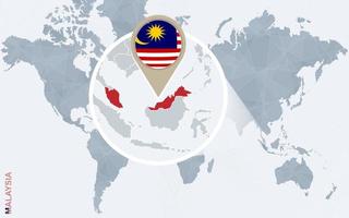 abstrakte blaue Weltkarte mit vergrößertem Malaysia. vektor