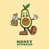 Avocado-Frucht-Charakter mit niedlichem Geld-Vektor-Logo-Symbol vektor