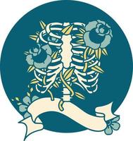 tatuering stil ikon med baner av en revben bur och blommor vektor