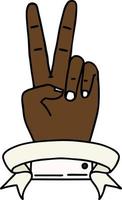 Retro-Tattoo-Stil Frieden Zwei-Finger-Handgeste mit Banner vektor