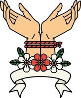 Traditionelles Tattoo mit Banner von gefesselten Händen vektor