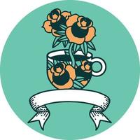 Tattoo-Stil-Ikone mit Banner einer Tasse und Blumen vektor