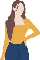 gesichtsloses Mädchen mit langen Haaren in gelbem Pullover und Blue Jeans, weiblicher Avatar in modernem Charakter. vektor