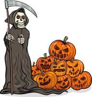 Cartoon-Sensenmann und Haufen Halloween-Kürbisse vektor