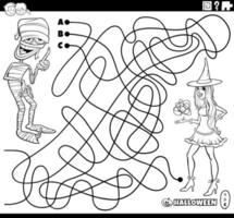 labyrint med tecknad serie mamma och häxa på halloween färg sida vektor