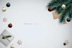 minimalistisches festliches Banner mit realistischen Tannenzweigen, Geschenkbox, glänzenden Kugeln, goldenen Schneeflocken und Platz für Text. vektor