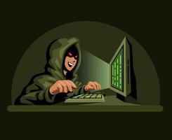 hacker tragen hoodie unter verwendung des computercharakter-illustrationsvektors vektor