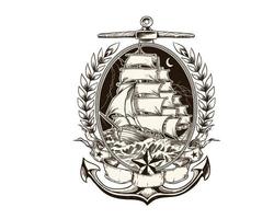 Piratenschiff im Tattoo-Stil im Wappen-T-Shirt-Design vektor