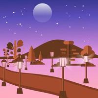 Nachtszenen-Vektorillustration, flacher Nachthimmel im Cartoon-Stil mit Sternen und Mond, Waldbäume, Straße zu den Bergen, Licht, Autobahn, Naturlandschaft vektor