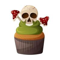 Gift-Halloween-Cupcake mit Fliegenpilz und Totenkopf. Cartoon-Vektor-Illustration. Süßigkeiten der Hexe vektor