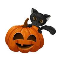 süße schwarze Katze hinter einem Halloween-Kürbis mit einem lustigen Gesicht. Cartoon-Vektor-Illustration. vektor