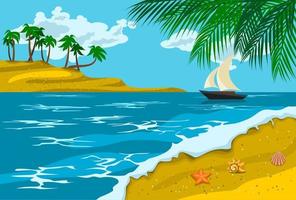 Bearbeitbares detailliertes Sommerstrand-Landschaftspanorama mit Schiffs- und Inselvektorillustration für Urlaub oder saisonales Sommer- und Kinderbuchprojekt vektor