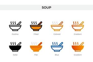 Suppensymbol in verschiedenen Stilen. Suppenvektorsymbole in Umrissen, soliden, farbigen, gefüllten, Farbverläufen und flachen Stilen. Symbol, Logoabbildung. Vektor-Illustration vektor
