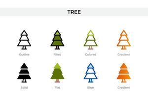 Baumsymbol in verschiedenen Stilen. Baumvektorsymbole, die in Umrissen, soliden, farbigen, gefüllten, Farbverläufen und flachen Stilen entworfen wurden. Symbol, Logoabbildung. Vektor-Illustration vektor