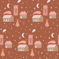 rosa weihnachtshäuser auf dem land. Abend Weihnachtsdorf. Weihnachtsszene im Freien. winterdorf illustrationen. weihnachten nahtloses muster. Vektor magisches Winterhaus Mond Sterne Tapetendesign