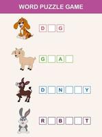 Vervollständigen Sie das Lernspiel für Kinder mit Wörtern. Themen und Vokabeln zum Thema Nutztiere lernen vektor