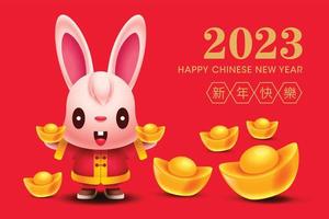 niedliches kaninchen der karikatur, das goldbarren und goldbarren hält, breitete sich auf dem boden aus chinesische neujahrsgrußkarte 2023 vektor