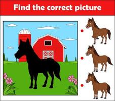 Finden Sie das richtige Bild, Lernspiel für Kinder. Pferd auf dem Bauernhof vektor