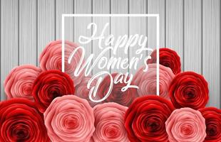 internationaler glücklicher frauentag mit papierschneideschmetterlingen, rosenblumen und schwarzem rundem schild auf holzhintergrund vektor