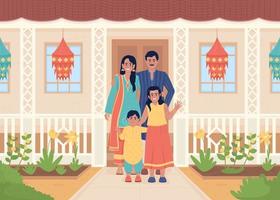 familj välkomnande gäster på främre veranda platt Färg vektor illustration. hälsning besökare. diwali festival tradition. fullt redigerbar 2d enkel tecknad serie tecken med hus exteriör på bakgrund