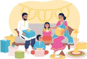 utbyta gåvor tradition på diwali 2d vektor isolerat illustration. fira deepavali med familj platt tecken på tecknad serie bakgrund. färgrik redigerbar scen för mobil, hemsida, presentation