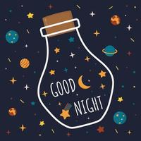 gute nachtkarte mit nachtmond, sternen, planeten, raumelementen und kalligrafie. Design für Postkarten, Kleidung, Poster, Stoff. süßer Traum-Slogan. vektor