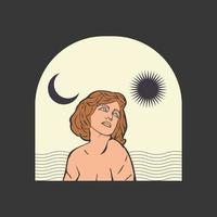 årgång retro linje konst kvinna boho Sol och måne bakgrund vektor