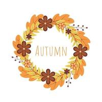 Kranz aus bunten Herbstblättern und Blumen. Fallthema-Vektorillustration. Erntedankfest-Grußkarte oder Einladung. vektor