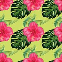 Nahtloses Muster mit tropischen Blättern, Hibiskusblüten vektor