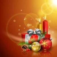 vektor illustration av jul hälsning kort med gåva lådor, bollar och ljus