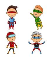 söt fyra barn bär superhjälte kostymer med annorlunda utgör vektor