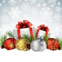 jul bollar med gåva, gran och tall kon på de snö vektor