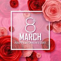 Lycklig internationell kvinnors dag med papper skära ro blomma och fyrkant ram på rosa bakgrund vektor