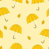 süße gelbe Regenschirme mit Blättern im Cartoon-Stil. Herbststimmung. Vektor nahtlose Muster auf gelbem Hintergrund.