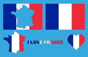 uppsättning av vektor illustrationer med Frankrike flagga, Land översikt Karta och hjärta. resa begrepp.