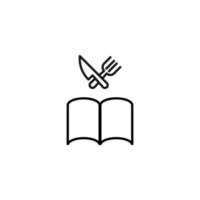 Bücher, Belletristik und Lesekonzept. Vektorzeichen im modernen flachen Stil gezeichnet. Hochwertiges Piktogramm, geeignet für Werbung, Websites, Internetshops usw. Liniensymbol von Messer und Gabel über dem Buch vektor