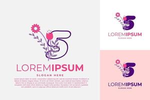 numerisk 5 logotyp design vektor mall illustration med blommor