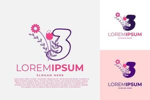 numerisk 3 logotyp design vektor mall illustration med blommor