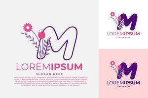 brev m logotyp design vektor mall illustration med blommor