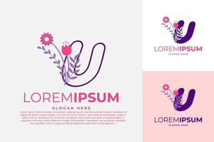 brev u logotyp design vektor mall illustration med blommor