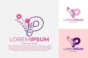 brev p logotyp design vektor mall illustration med blommor